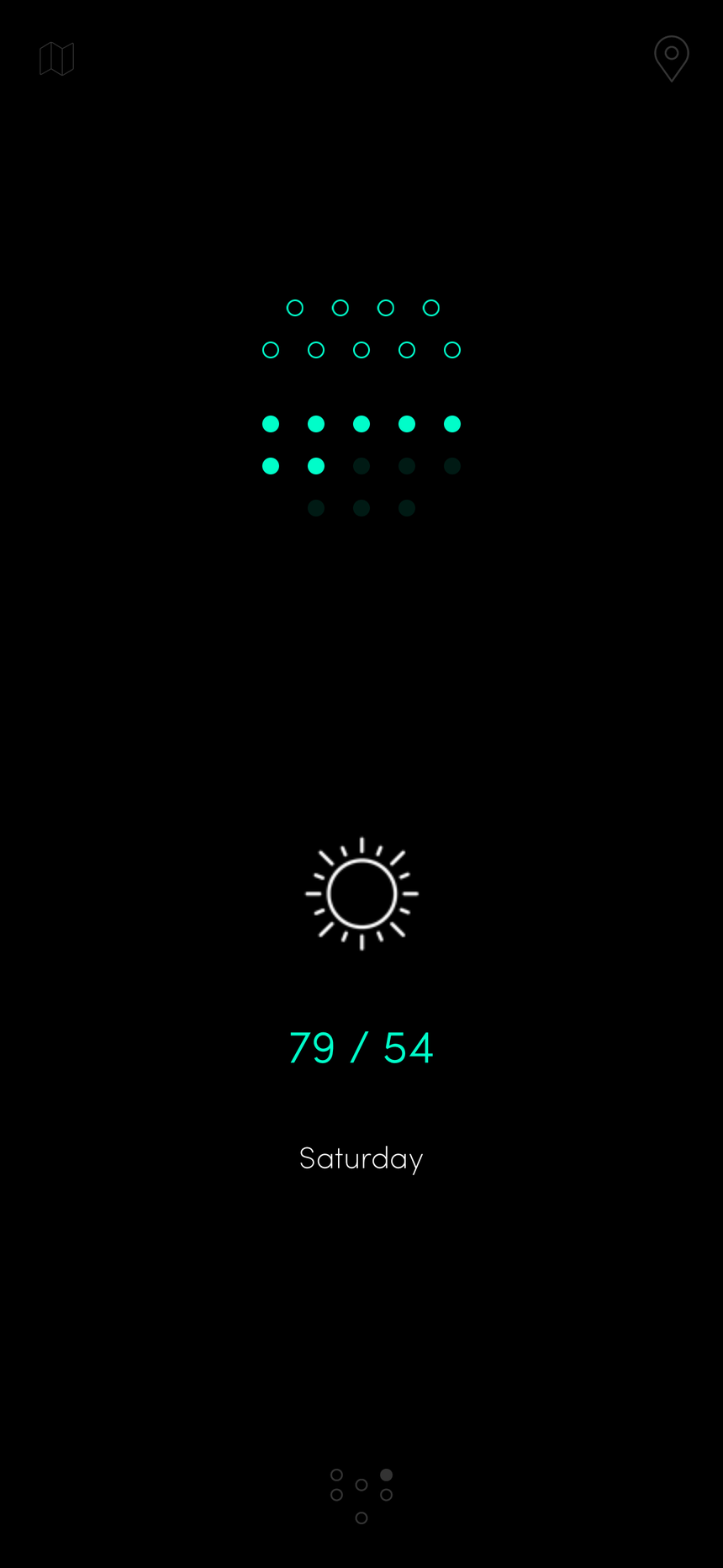 RANE° showing Saturday, 79 / 54 and sunny