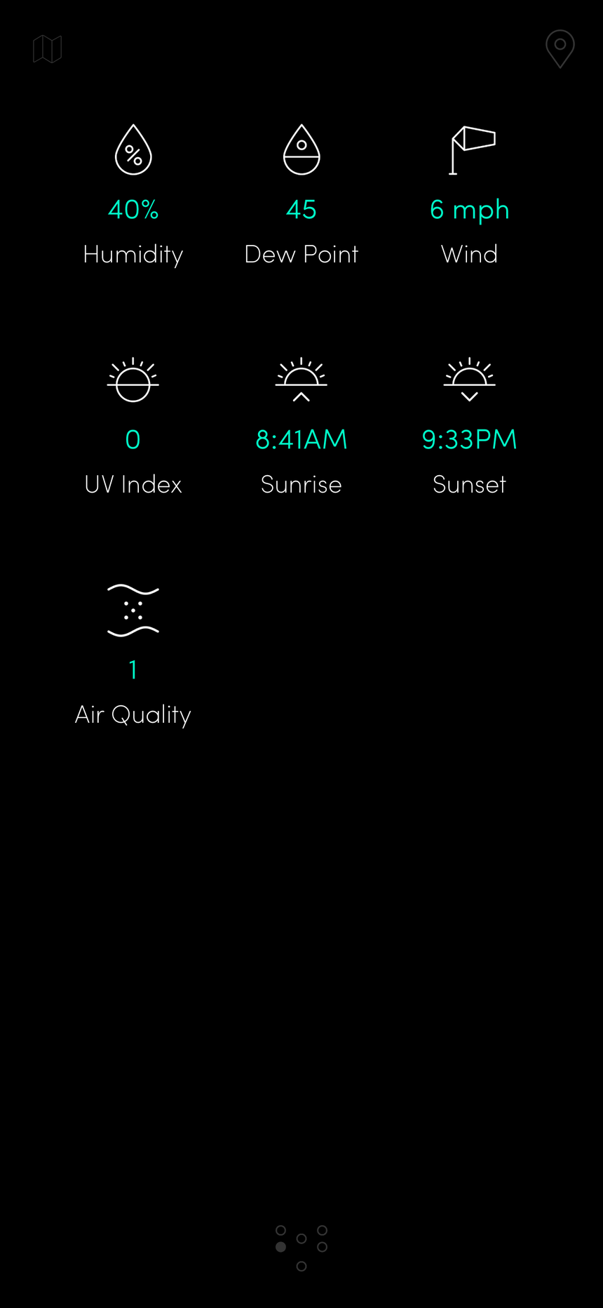 RANE° details view showing humidity, dew point, wind, UV index, sunrise, sunset and air quality