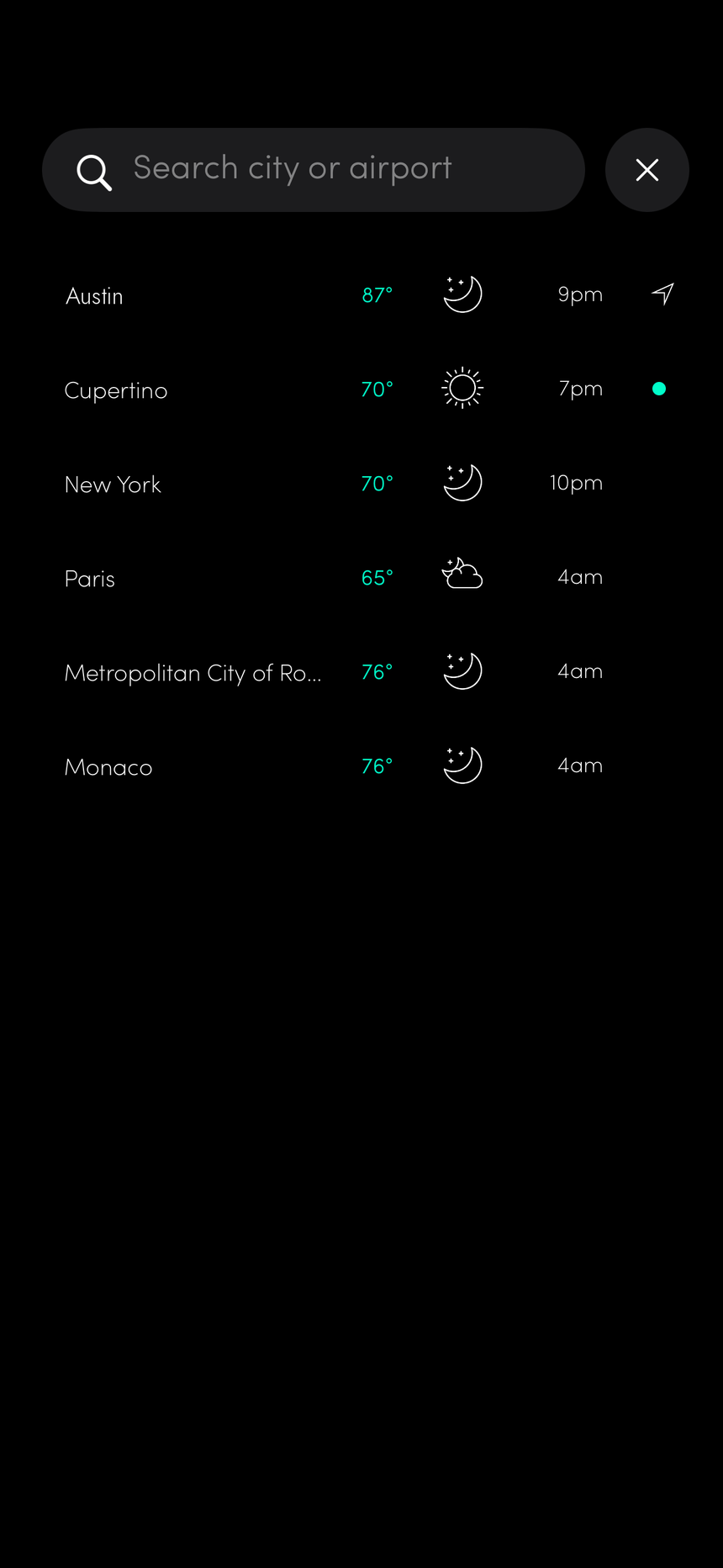 RANE° saved locations list with Austin, Cupertino, New York, Paris, Rome and Monaco