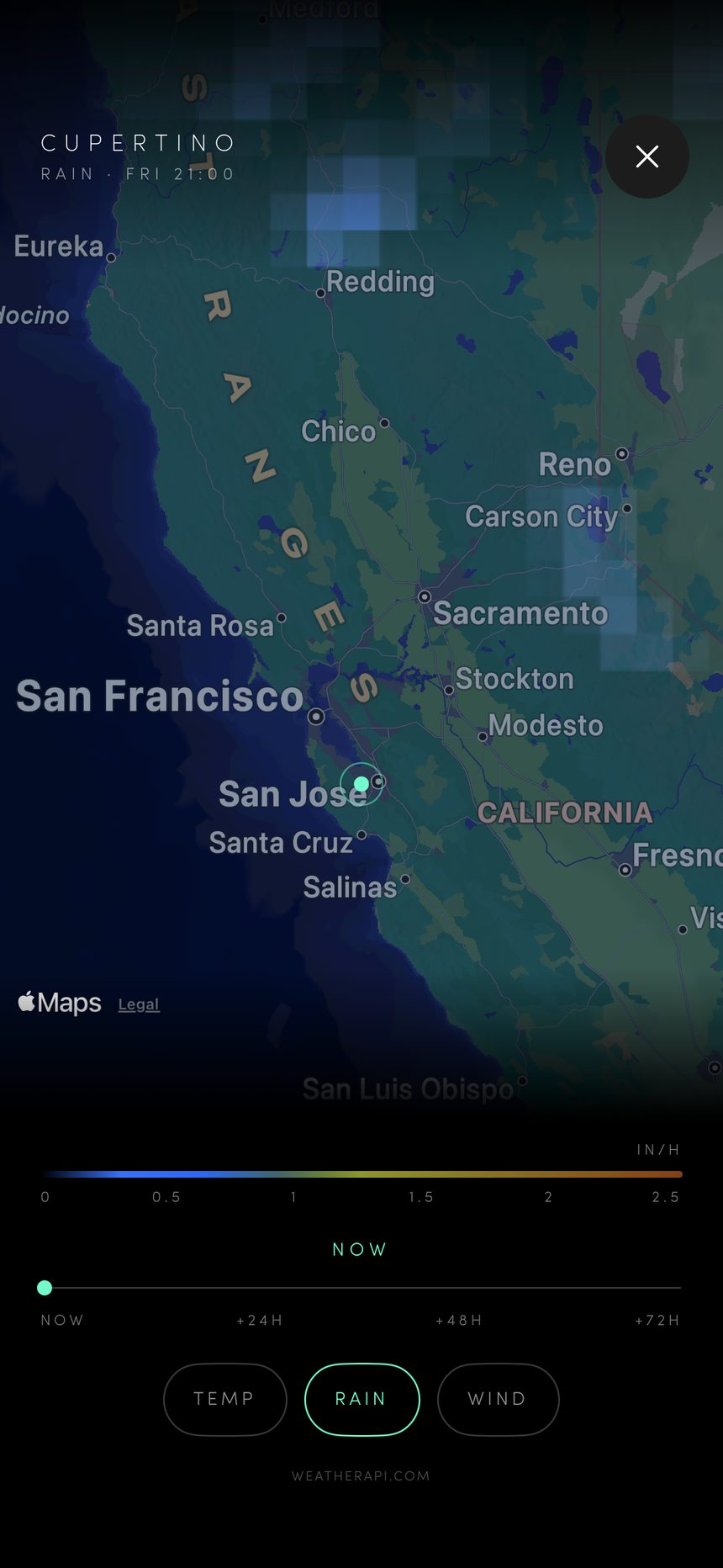 RANE° radar map showing rain over northern California with a 72-hour timeline